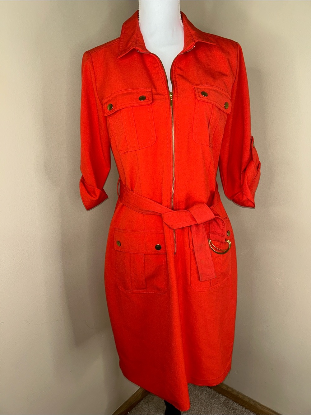 Sharagano Bright Orange Zip-Front Midi Shirt Dress